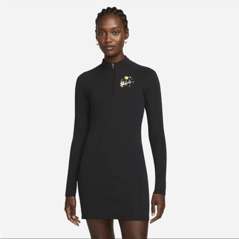 Nike Sportswear Quarter Zip Long Sleeve Dress Black Floral Swoosh Embroidered